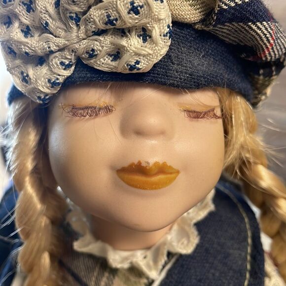 Vintage Porcelain Kissing Doll , Blonde Braids, Blue Plaid Dress 15” - Picture 8 of 8